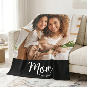 Mum Established Date White Script on Black Photo Fleece Blanket