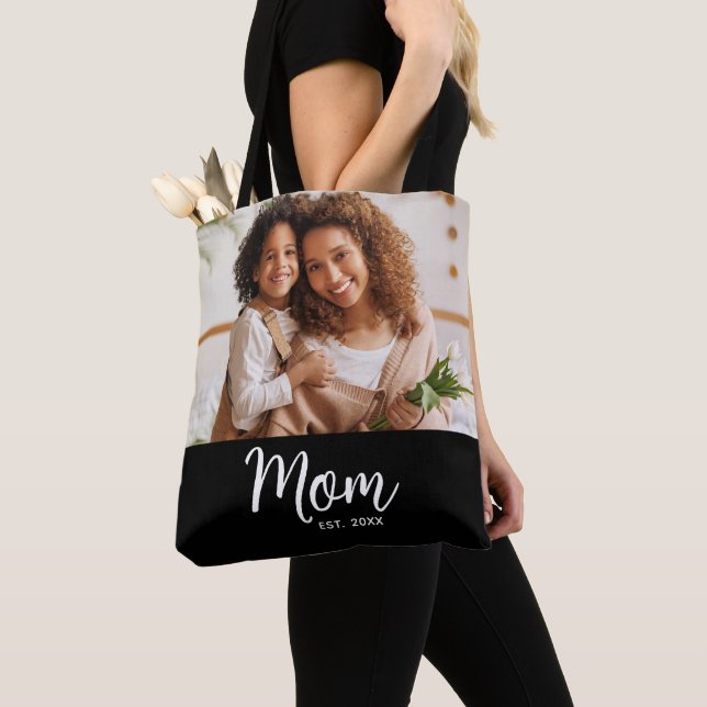 Mum Established Date White Script Photo on Black  Tote Bag (Close Up)