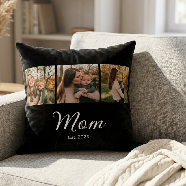 Mum Established Elegant Script Black 3 Photo Cushion (Creator Uploaded)