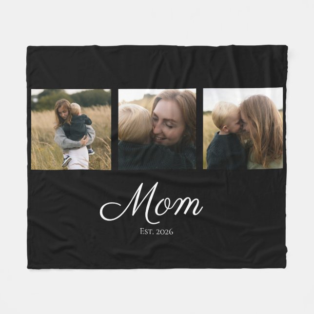 Mum Established Elegant Script Black 3 Photo Fleece Blanket (Front (Horizontal))