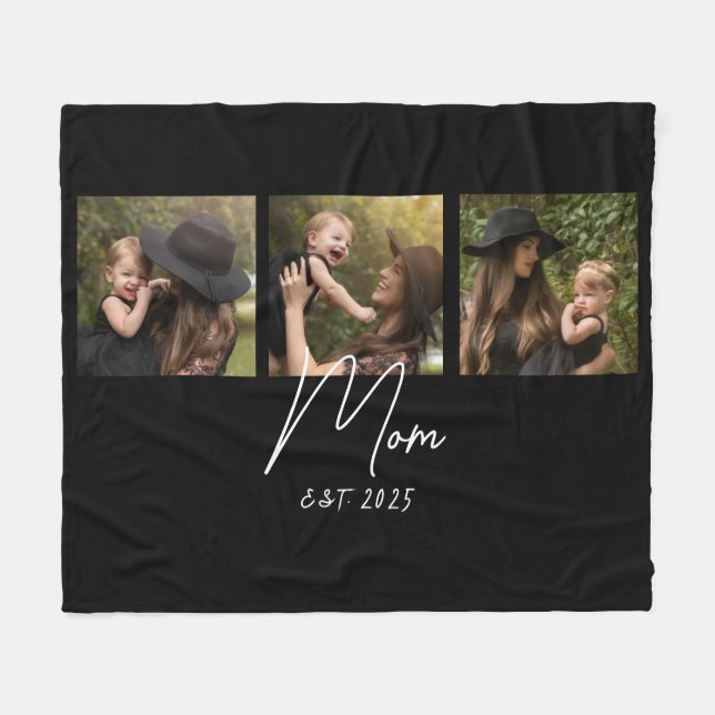 Mum Established Elegant Script Black 3 Photo Fleece Blanket (Front (Horizontal))