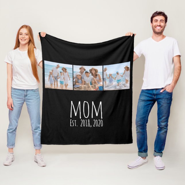 Mum Established Elegant Script Black 3 Photo  Fleece Blanket (In Situ)