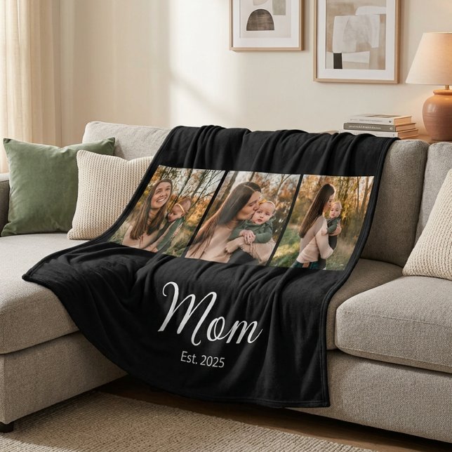 Mum Established Elegant Script Black 3 Photo Fleece Blanket (Creator Uploaded)