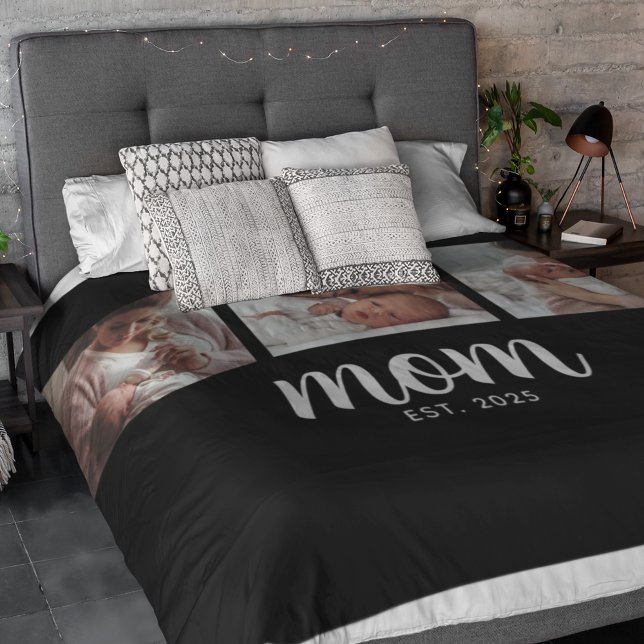 Mum Established Elegant Script Black 3 Photo Fleece Blanket (Creator Uploaded)