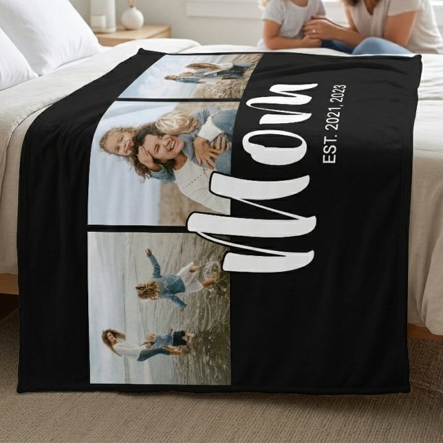 Mum Established Elegant Script Black 3 Photo Fleece Blanket (Mom Established Elegant Script Black 3 Photo Fleece Blanket)