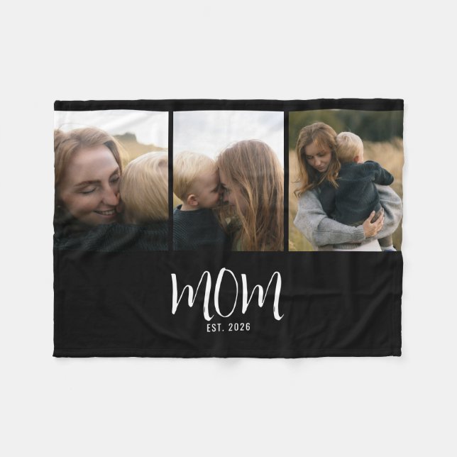 Mum Established Elegant Script Black 3 Photo Fleece Blanket (Front (Horizontal))