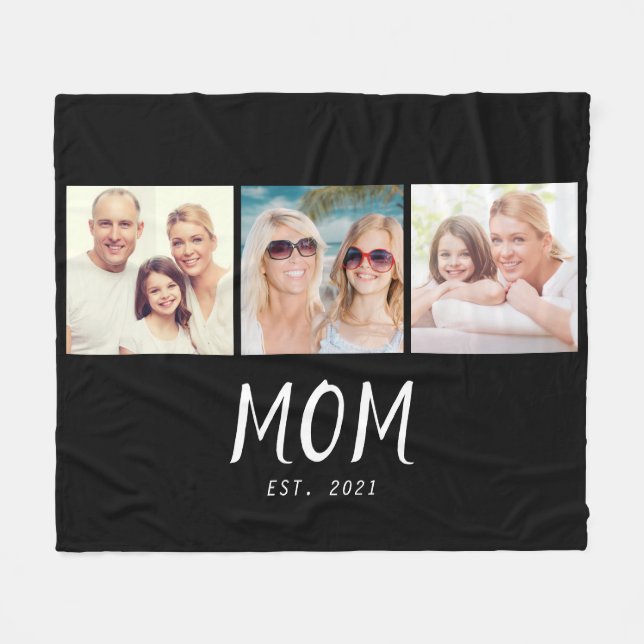 Mum Established Elegant Script Black 3 Photo Fleece Blanket (Front (Horizontal))