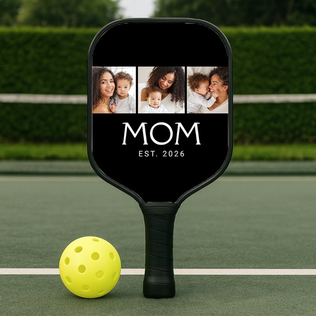 Mum Established Elegant Script Black 3 Photo Pickleball Paddle (Creator Uploaded)