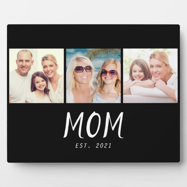 Mum Established Elegant Script Black 3 Photo Plaque (Front)