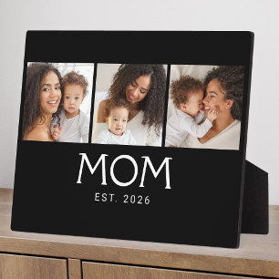 Mum Established Elegant Script Black 3 Photo Plaque