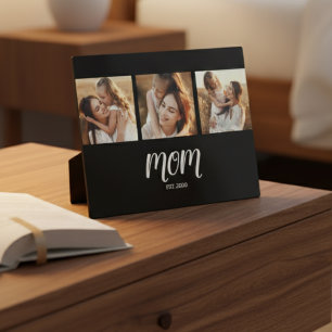 Mum Established Elegant Script Black 3 Photo Plaque