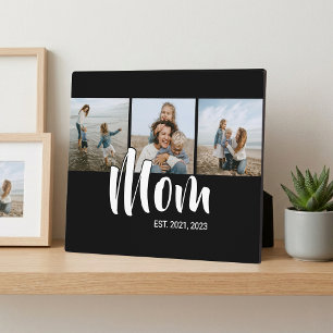 Mum Established Elegant Script Black 3 Photo Plaque