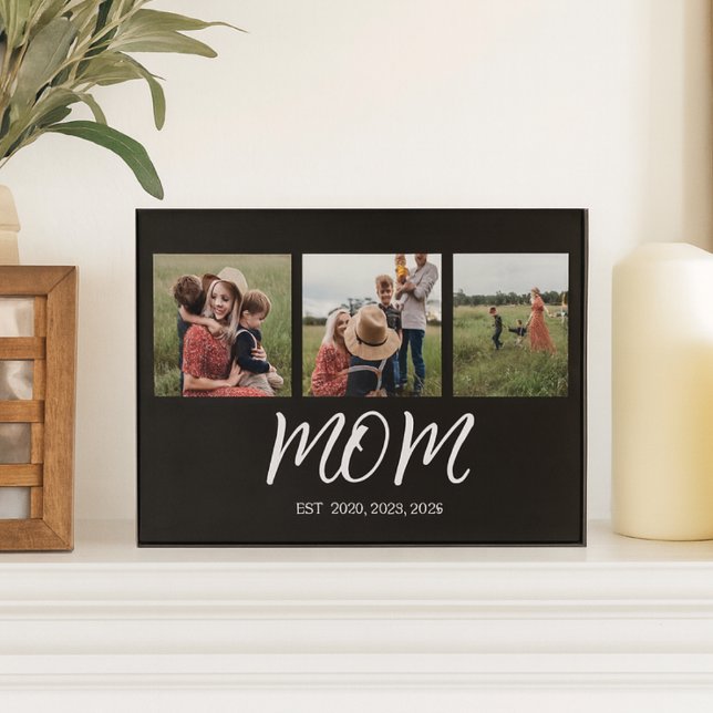 Mum Established Elegant Script Black 3 Photo Plaque (Creator Uploaded)