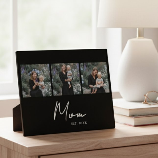 Mum Established Elegant Script Black 3 Photo Plaque (Creator Uploaded)