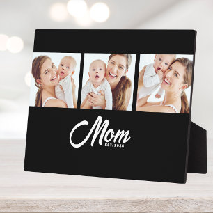 Mum Established Elegant Script Black 3 Photo Plaque