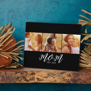 Mum Established Elegant Script Black 3 Photo Plaque