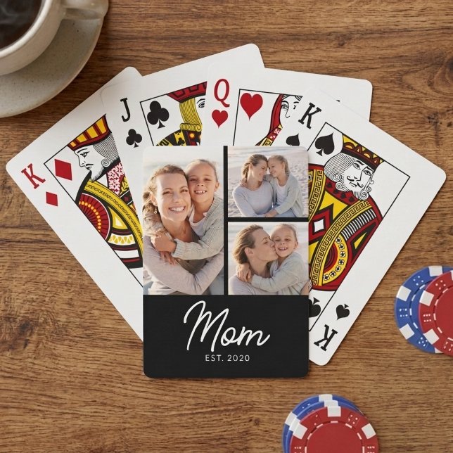 Mum Established Elegant Script Black 3 Photo Playing Cards (Creator Uploaded)