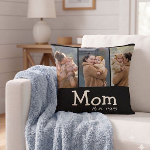 Mum Established Fun Bold Text 3 Photo Black Cushion