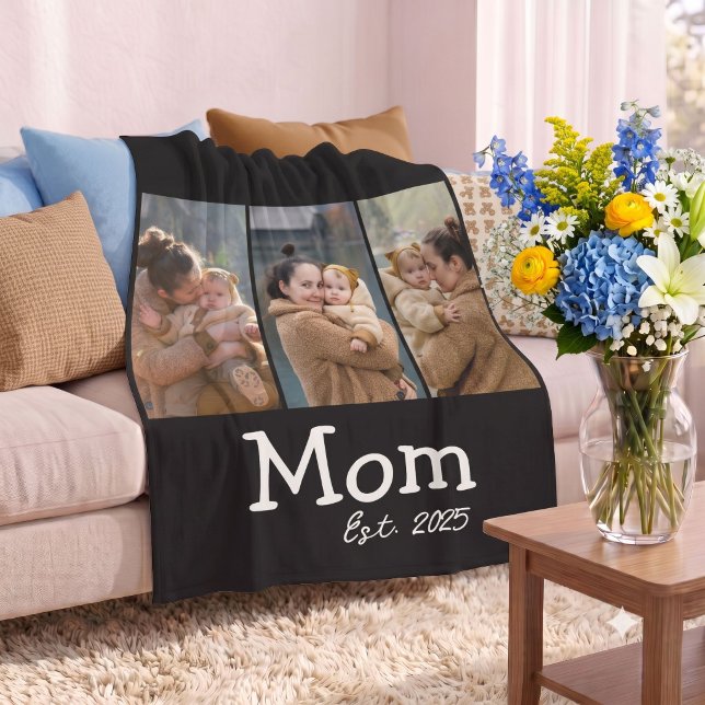 Mum Established Fun Bold Text 3 Photo Black Fleece Blanket (Creator Uploaded)