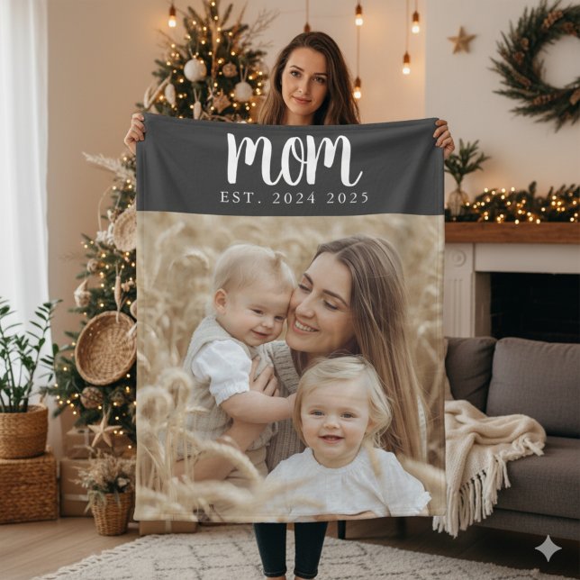 Mum Established Fun Modern Script Photo Fleece Blanket (elegant mom established dates with photo blanket christmas gift for mom from the kids or dad)