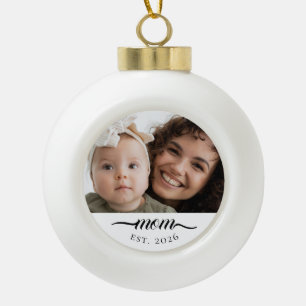 Mum Established Modern Black Script Photo Elegant Ceramic Ball Christmas Ornament