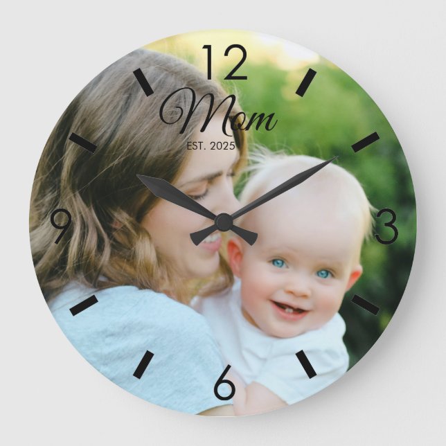 Mum Established Modern Black Script Photo  Large Clock (Front)