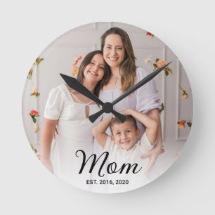 Mum Established Modern Black Script Photo  Round Clock