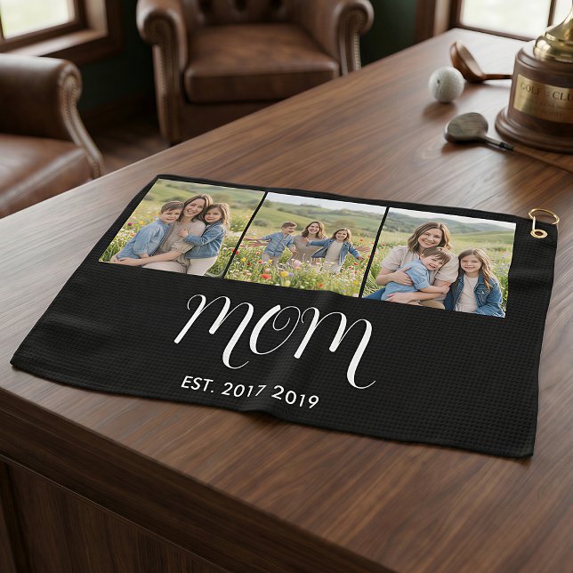 Mum Established Modern Bold Script Black 3 Photo Golf Towel (Creator Uploaded)