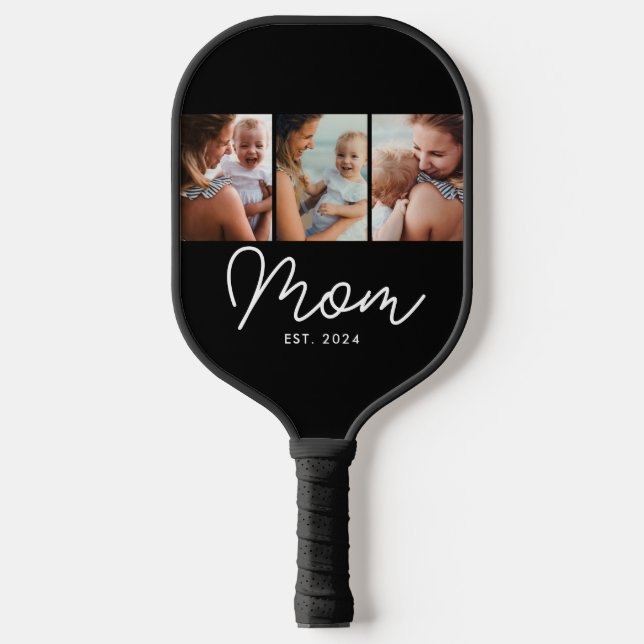 Mum Established Modern Bold Script Black 3 Photo Pickleball Paddle (Front)