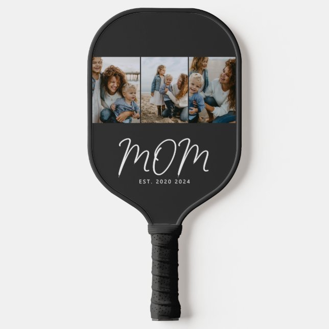 Mum Established Modern Bold Script Black 3 Photo Pickleball Paddle (Front)