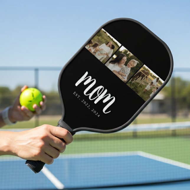 Mum Established Modern Bold Script Black 3 Photo Pickleball Paddle (modern 3 photo black and white script mom established pickleball paddle mother's day gift for mom)