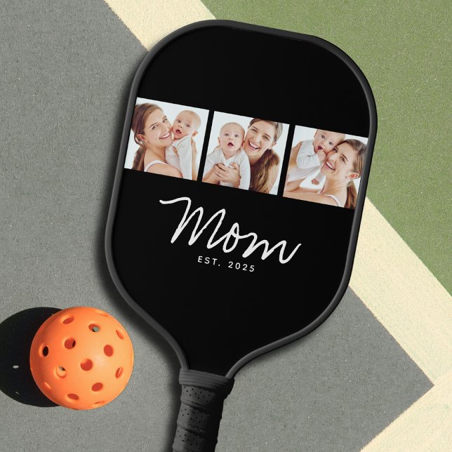 Mum Established Modern Bold Script Black 3 Photo Pickleball Paddle (Creator Uploaded)