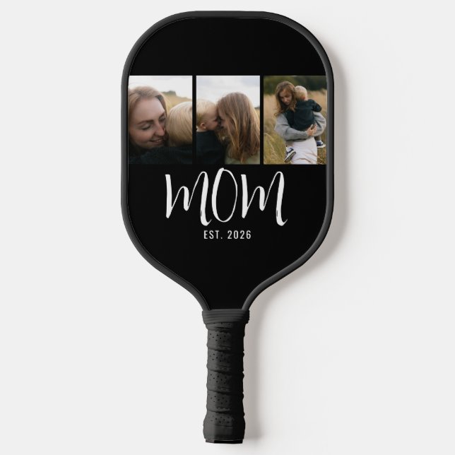 Mum Established Modern Bold Script Black 3 Photo Pickleball Paddle (Back)