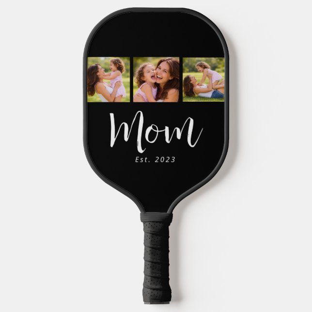 Mum Established Modern Bold Script Black 3 Photo Pickleball Paddle (Front)