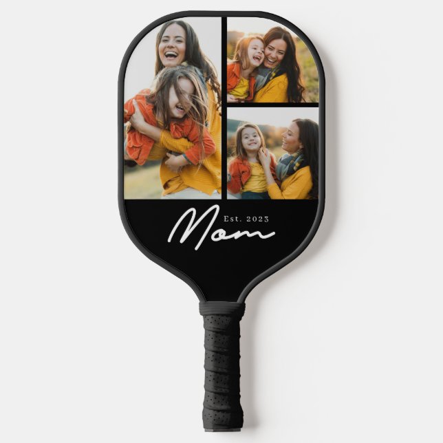 Mum Established Modern Bold Script Black 3 Photo Pickleball Paddle (Front)