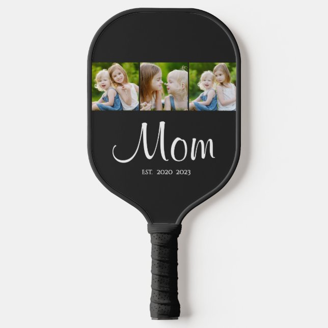 Mum Established Modern Bold Script Black 3 Photo Pickleball Paddle (Front)