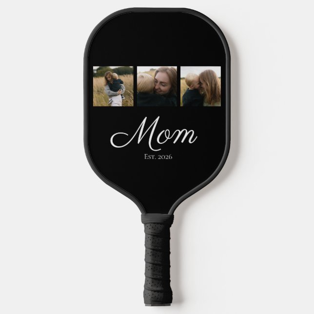 Mum Established Modern Bold Script Black 3 Photo Pickleball Paddle (Front)