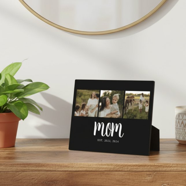 Mum Established Modern Bold Script Black 3 Photo Plaque (modern 3 photo black and white script mom established sign gift idea for mom mothers day christmas )