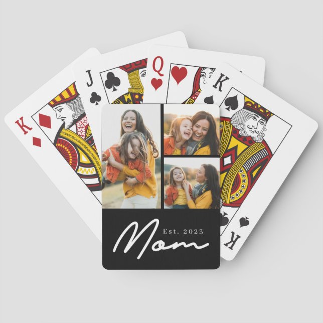 Mum Established Modern Bold Script Black 3 Photo Playing Cards (Back)