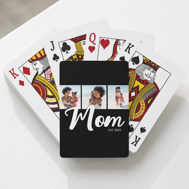 Mum Established Modern Bold Script Black 3 Photo Playing Cards (Mom Established Modern Bold Script Black 3 Photo Poker Cards)
