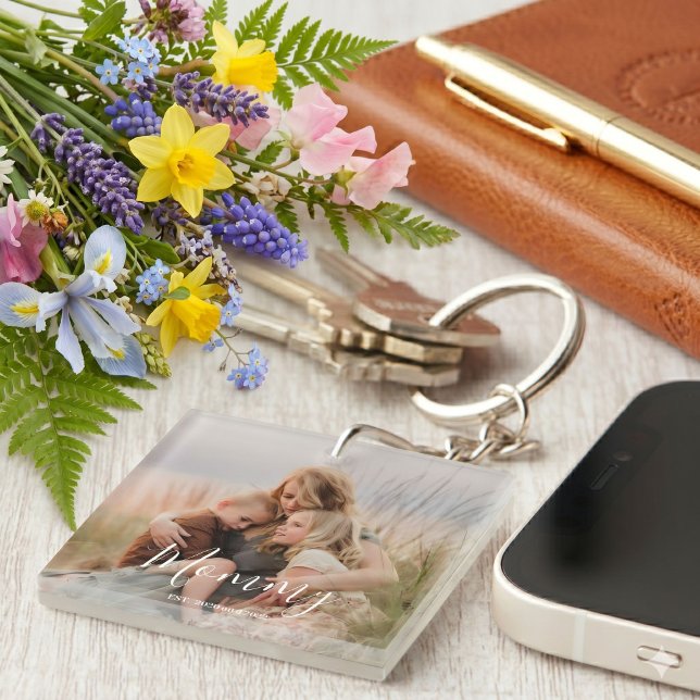 Mum Established Modern Elegant Script Photo  Key Ring (Creator Uploaded)