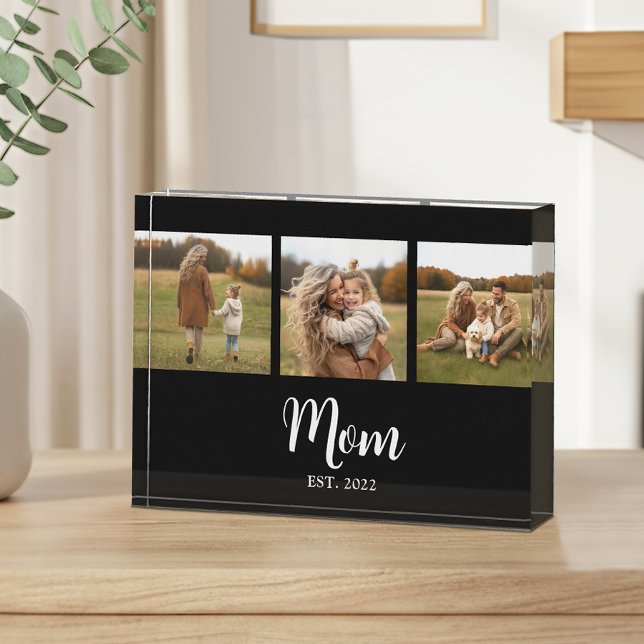 Mum Established Modern Script Black 3 Photo Block (Mom Est. with 3 personalizable photos and text )