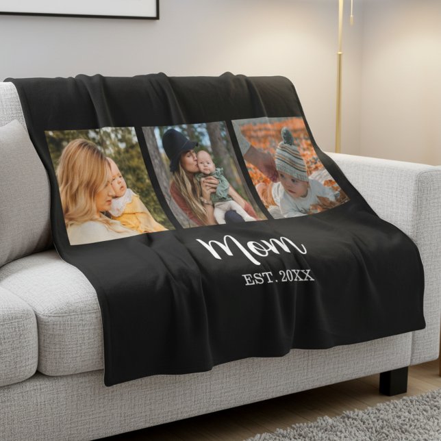 Mum Established Modern Script Black 3 Photo Fleece Blanket (Creator Uploaded)