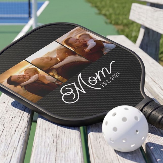 Mum Established Modern Script Black 3 Photo Pickleball Paddle (Creator Uploaded)