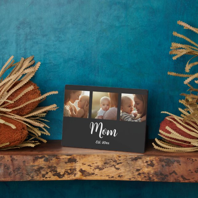 Mum Established Modern Script Black 3 Photo Plaque (Side)