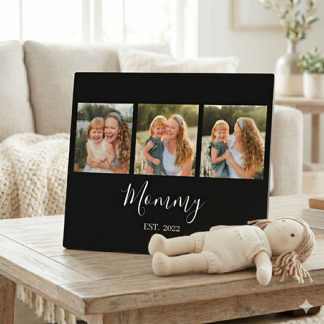 Mum Established Modern Script Black 3 Photo Plaque (Creator Uploaded)