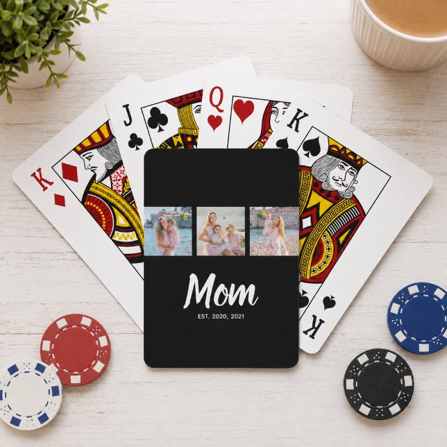 Mum Established Modern Script Black 3 Photo Playing Cards (Customize with year(s). Change Mom to something else if you wish eg Mum, Mama etc)