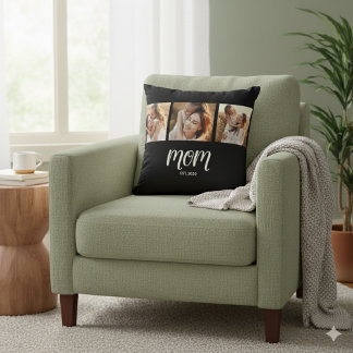Mum Established Modern Script Black 3 Photo Throw Cushion