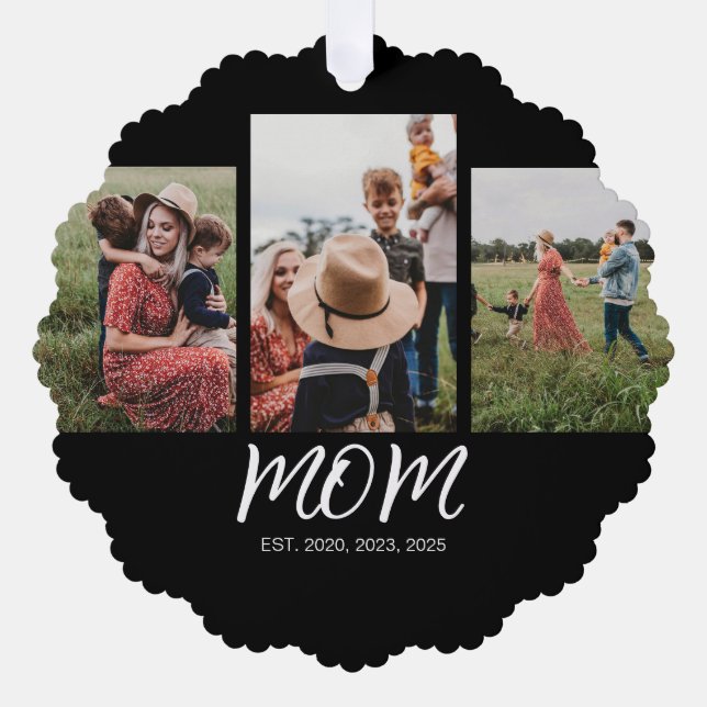 Mum Established Modern Script Black 3 Photo Tree Decoration Card (Front)