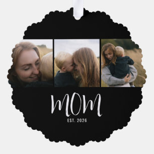 Mum Established Modern Script Black 3 Photo Tree Decoration Card